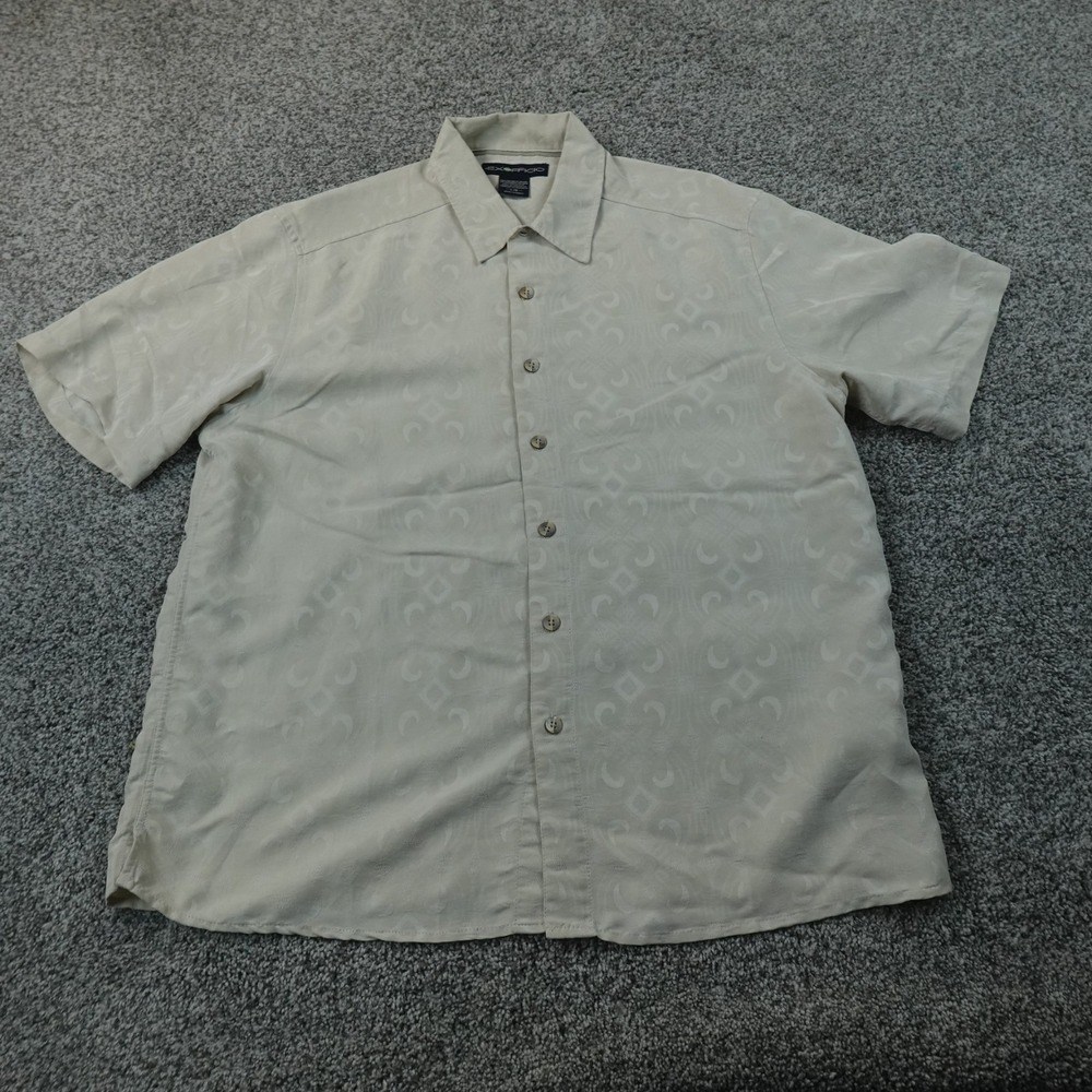 ExOfficio Shirt Mens L Beige Tan Jacquard Geometric Moon Button Up Short Sleeve